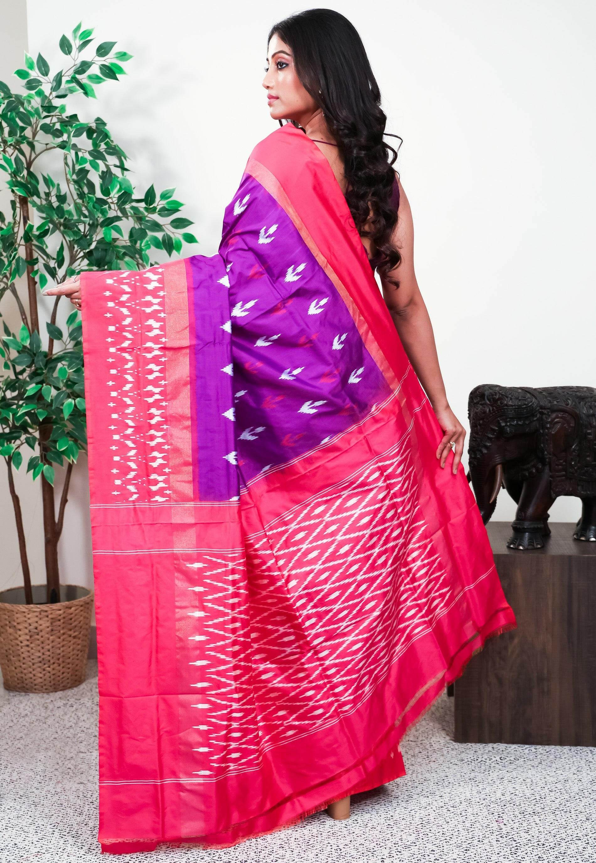 Purple with Rani Pink Border Handloom Ikkat Saree With Blouse Piece - Adi Akshoy & Co.