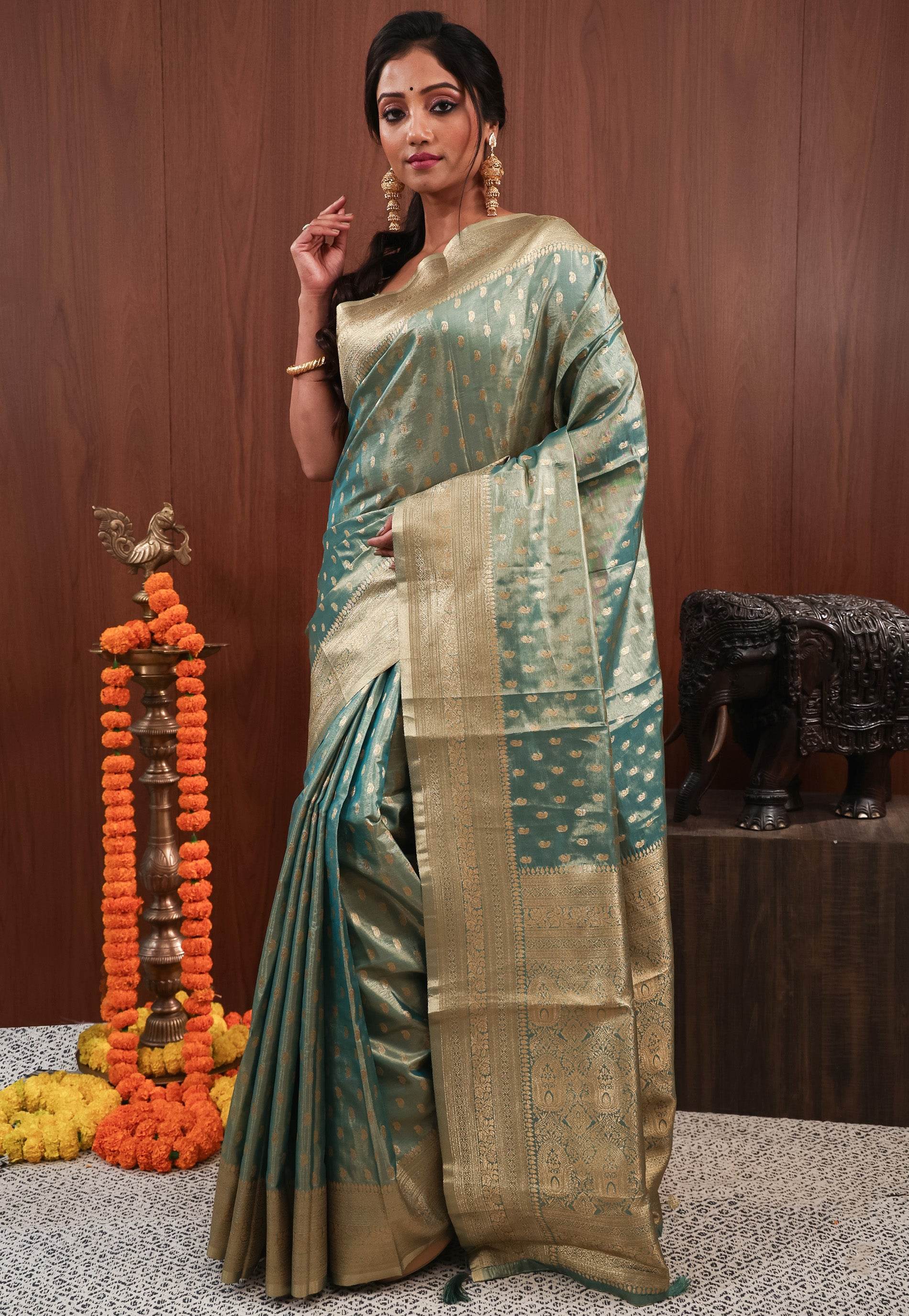 Sea Green Tissue Silk Saree with Blouse Piece - Adi Akshoy & Co.