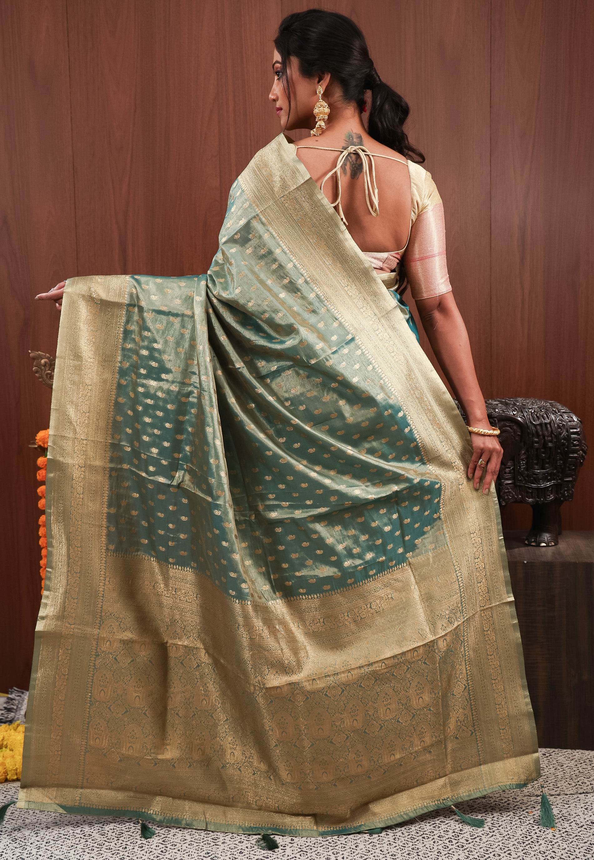 Sea Green Tissue Silk Saree with Blouse Piece - Adi Akshoy & Co.