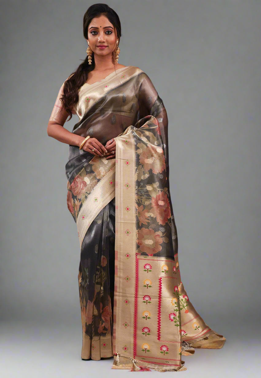 Charcoal Grey Tissue Silk Saree with Blouse Piece - Adi Akshoy & Co.