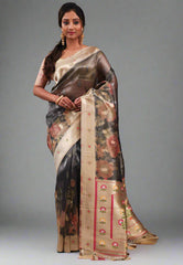Charcoal Grey Tissue Silk Saree with Blouse Piece - Adi Akshoy & Co.