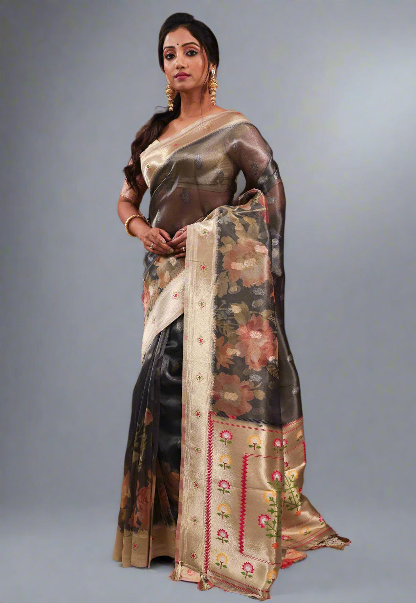 Charcoal Grey Tissue Silk Saree with Blouse Piece - Adi Akshoy & Co.