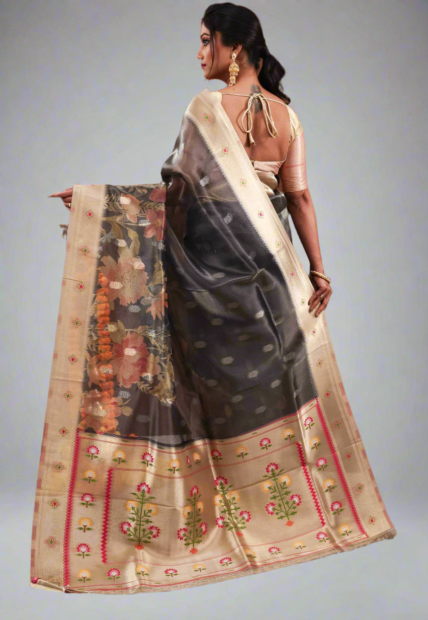 Charcoal Grey Tissue Silk Saree with Blouse Piece - Adi Akshoy & Co.