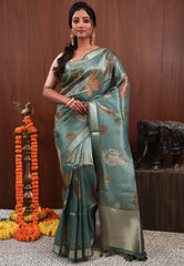 Sage Green Tissue Silk Saree with Blouse Piece - Adi Akshoy & Co.