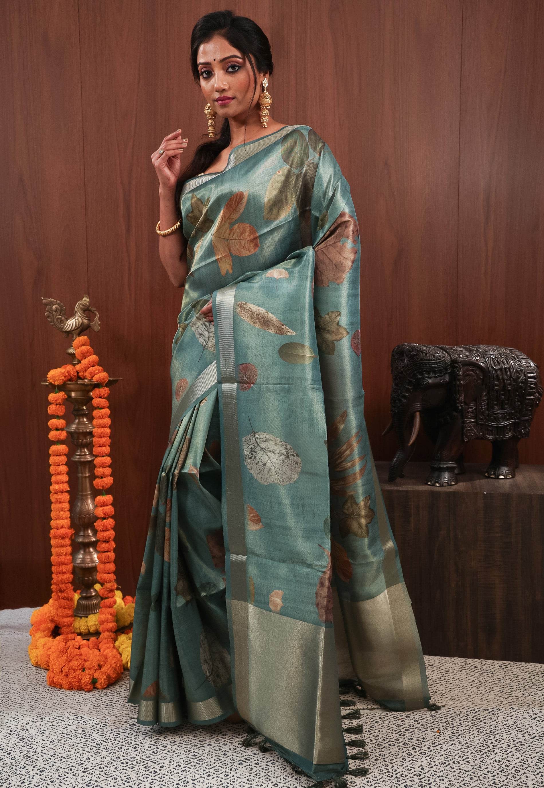 Sage Green Tissue Silk Saree with Blouse Piece - Adi Akshoy & Co.