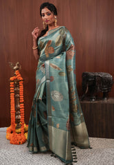 Sage Green Tissue Silk Saree with Blouse Piece - Adi Akshoy & Co.