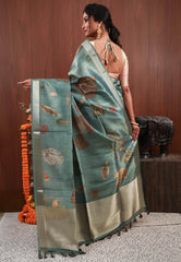 Sage Green Tissue Silk Saree with Blouse Piece - Adi Akshoy & Co.