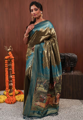 Black with Rama Green Border Tissue Silk Saree with Blouse Piece - Adi Akshoy & Co.