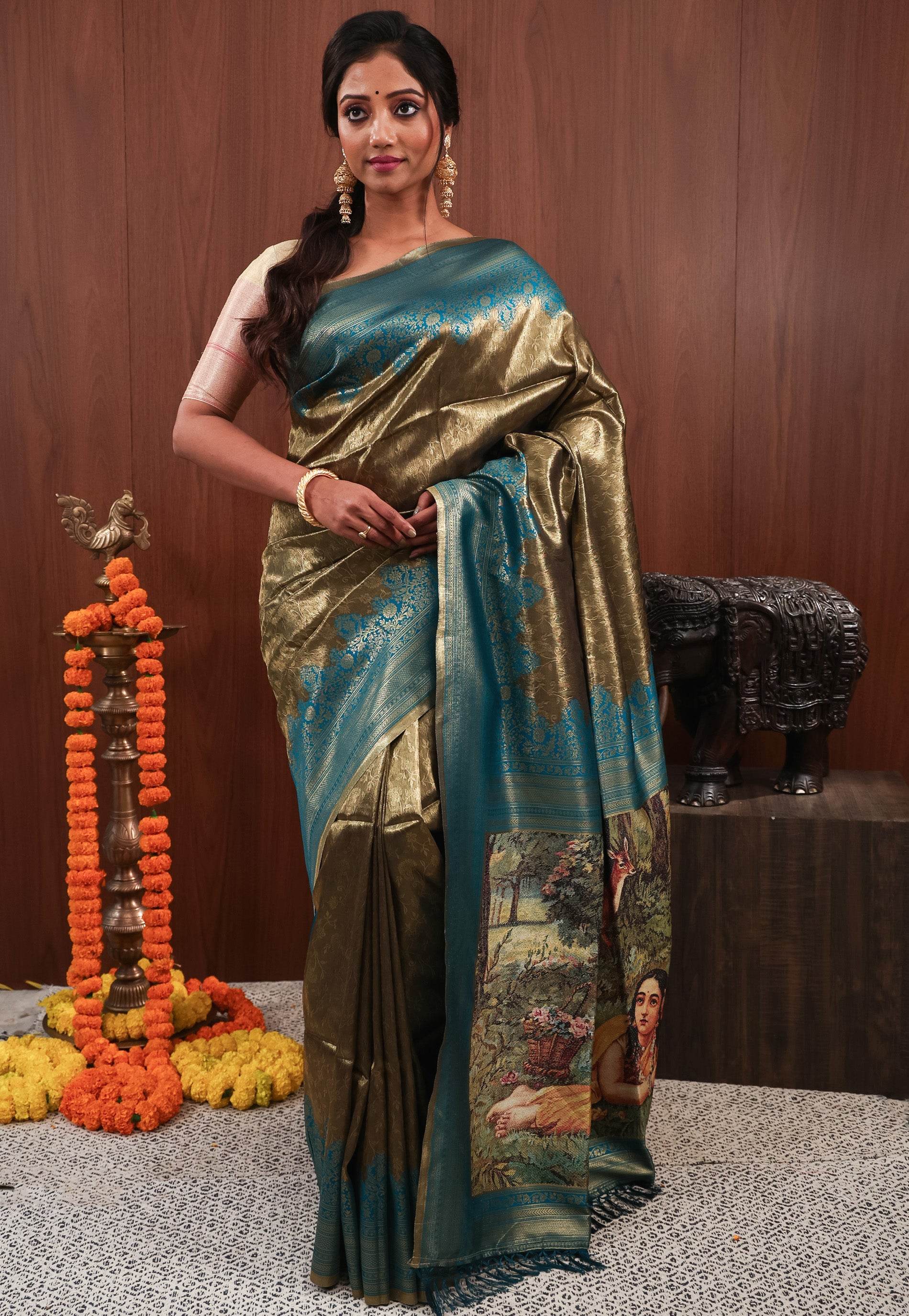 Black with Rama Green Border Tissue Silk Saree with Blouse Piece - Adi Akshoy & Co.