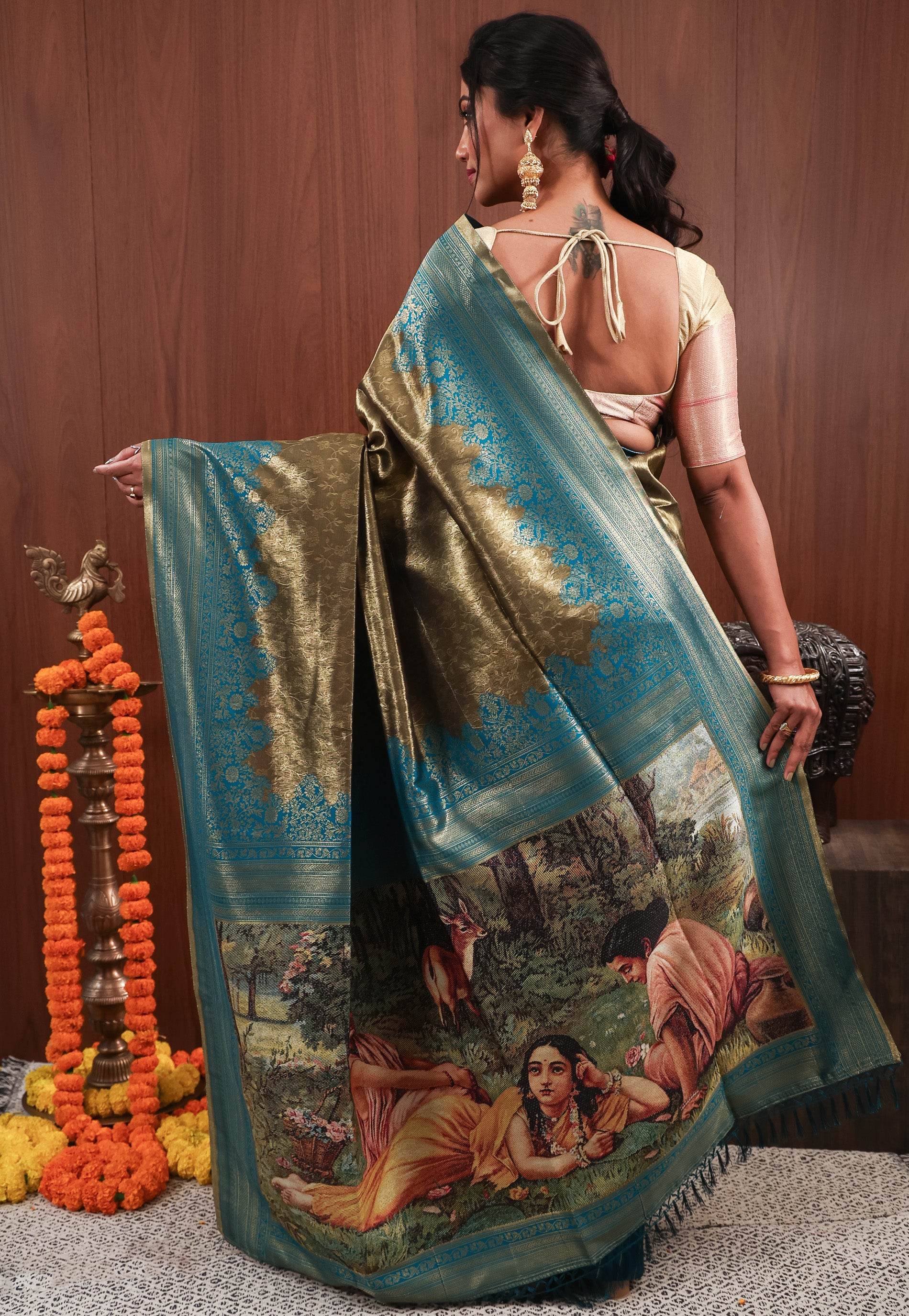 Black with Rama Green Border Tissue Silk Saree with Blouse Piece - Adi Akshoy & Co.