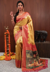 Golden with Rani Pink Border Tissue Silk Saree with Blouse Piece - Adi Akshoy & Co.