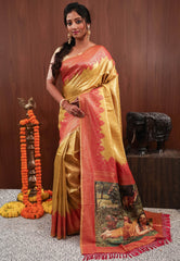 Golden with Rani Pink Border Tissue Silk Saree with Blouse Piece - Adi Akshoy & Co.