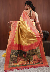Golden with Rani Pink Border Tissue Silk Saree with Blouse Piece - Adi Akshoy & Co.