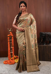 Golden Minakari Tissue Silk Saree with Blouse Piece - Adi Akshoy & Co.