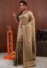 Golden Minakari Tissue Silk Saree with Blouse Piece - Adi Akshoy & Co.