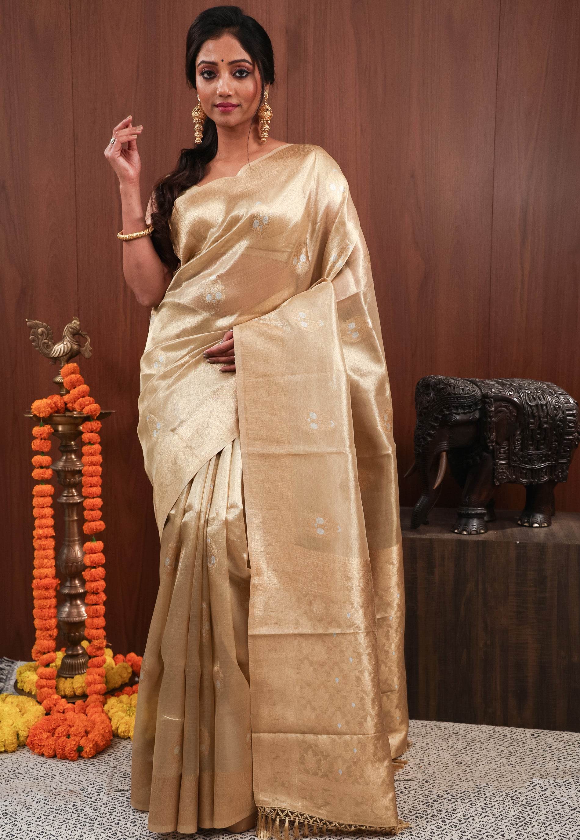 Golden Tissue Silk Saree with Blouse Piece - Adi Akshoy & Co.