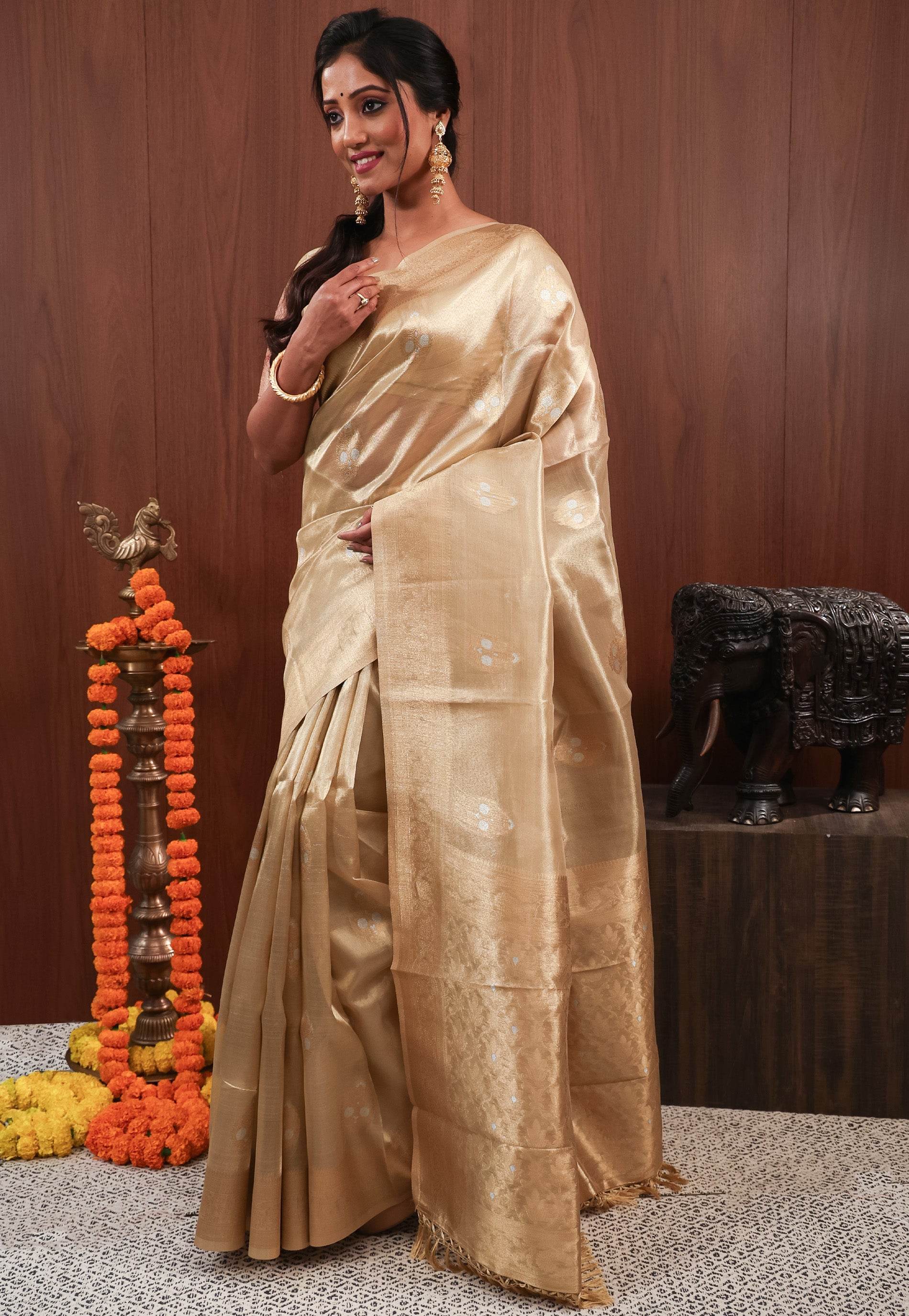 Golden Tissue Silk Saree with Blouse Piece - Adi Akshoy & Co.