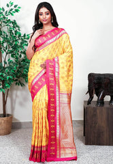 Yellow with Rani Pink Border Handloom Ikkat Saree With Blouse Piece - Adi Akshoy & Co.