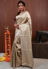 Beige Tissue Silk Saree with Blouse Piece - Adi Akshoy & Co.