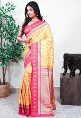 Yellow with Rani Pink Border Handloom Ikkat Saree With Blouse Piece - Adi Akshoy & Co.