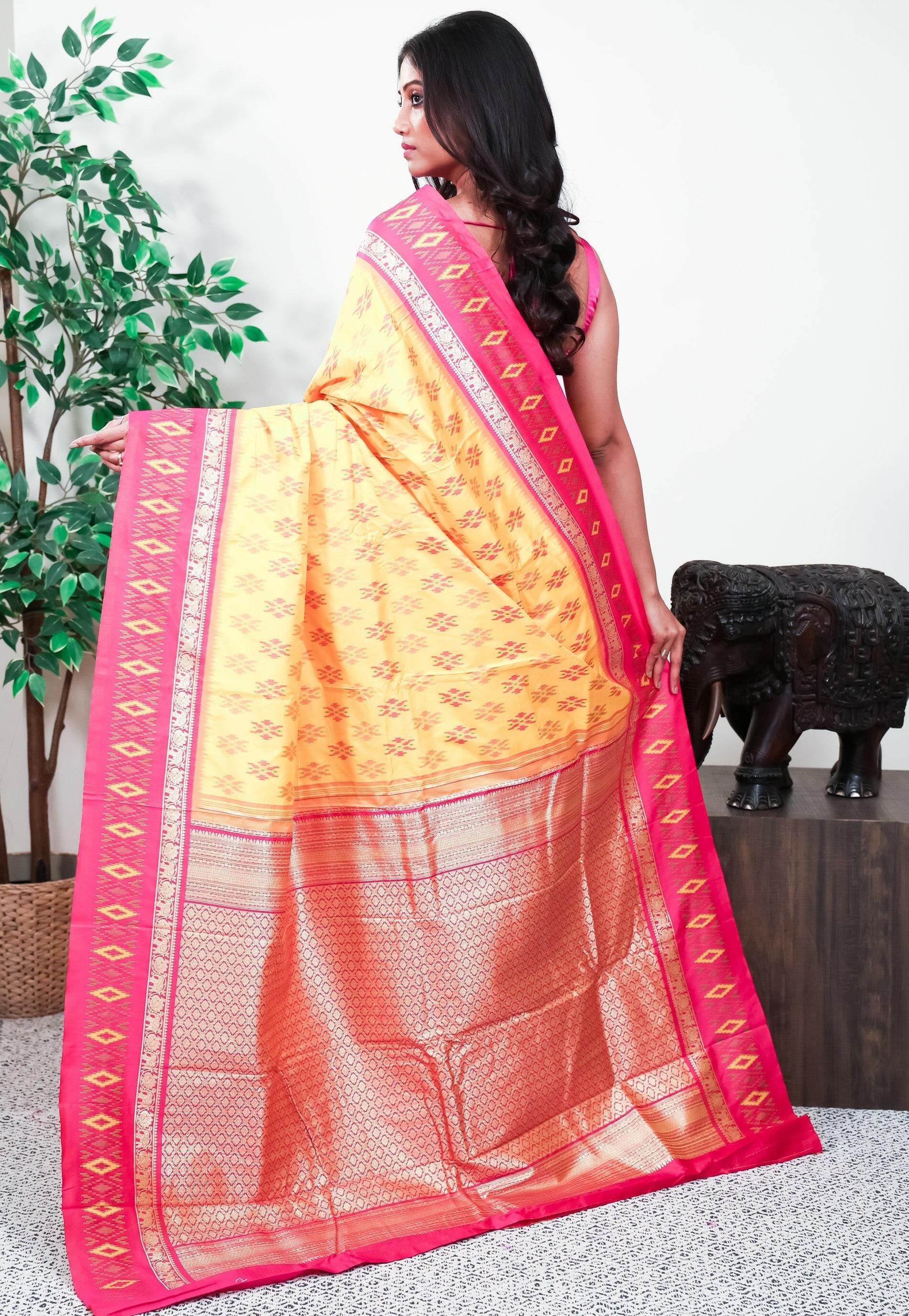 Yellow with Rani Pink Border Handloom Ikkat Saree With Blouse Piece - Adi Akshoy & Co.