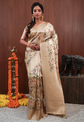 Beige Tissue Silk Saree with Blouse Piece - Adi Akshoy & Co.