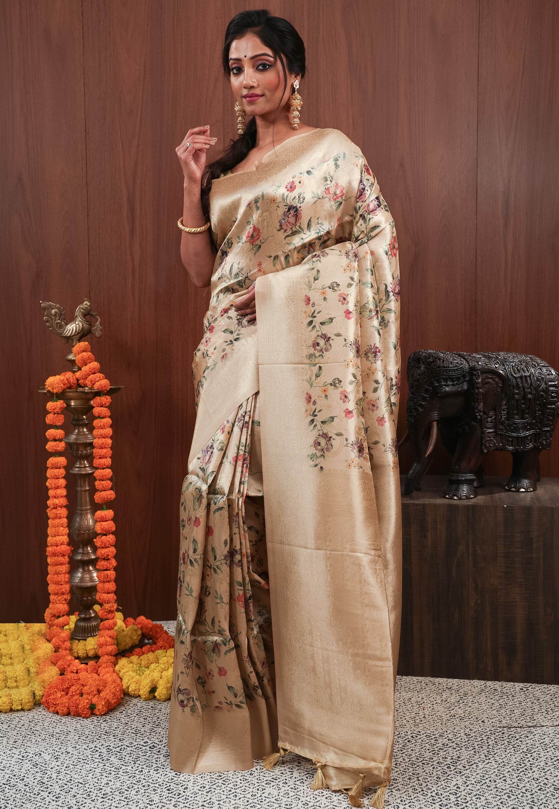 Beige Tissue Silk Saree with Blouse Piece - Adi Akshoy & Co.