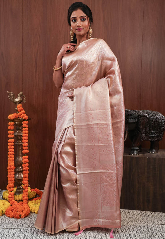 Peach Tissue Silk Saree with Blouse Piece - Adi Akshoy & Co.