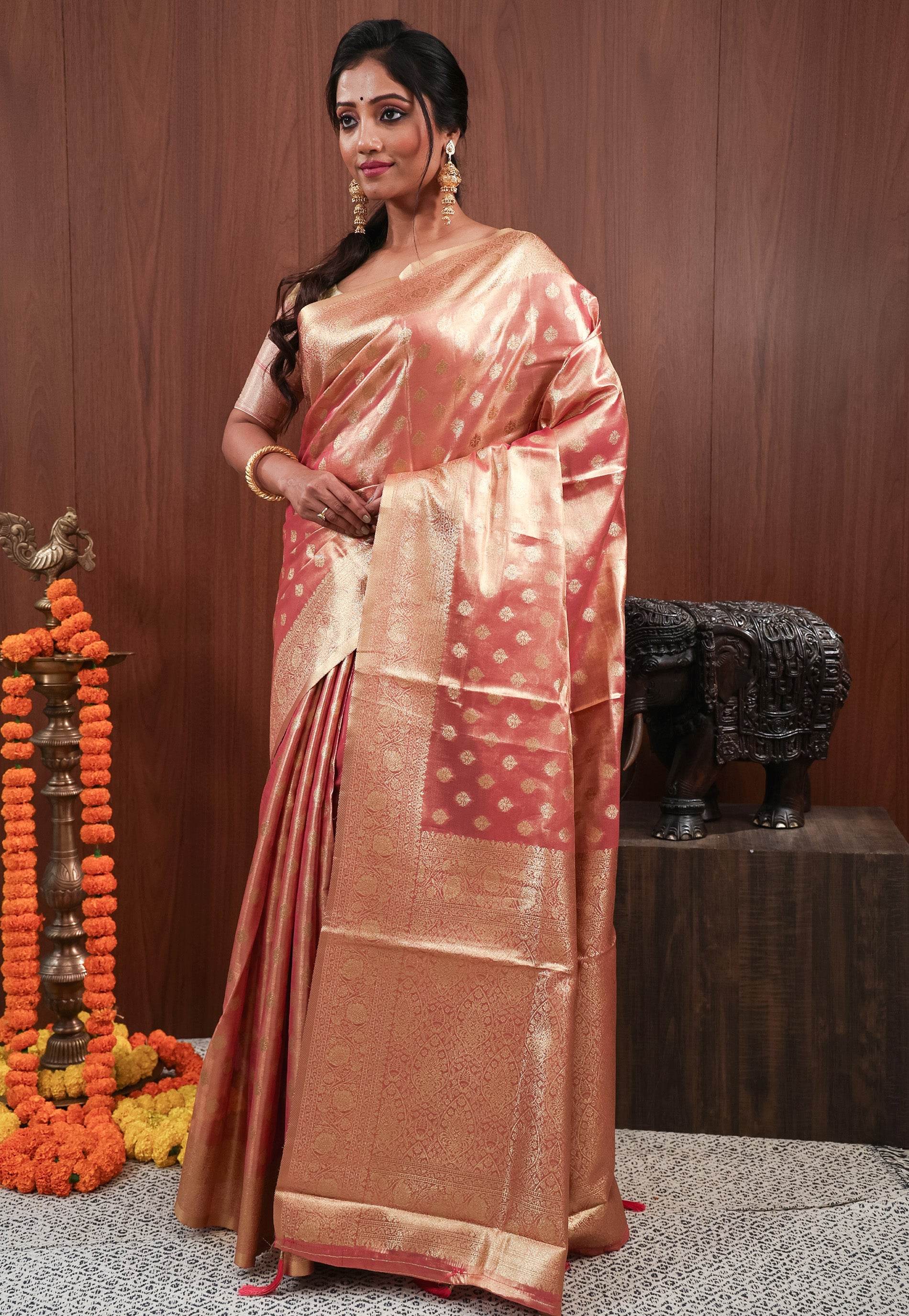 Peach Tissue Silk Saree with Blouse Piece - Adi Akshoy & Co.