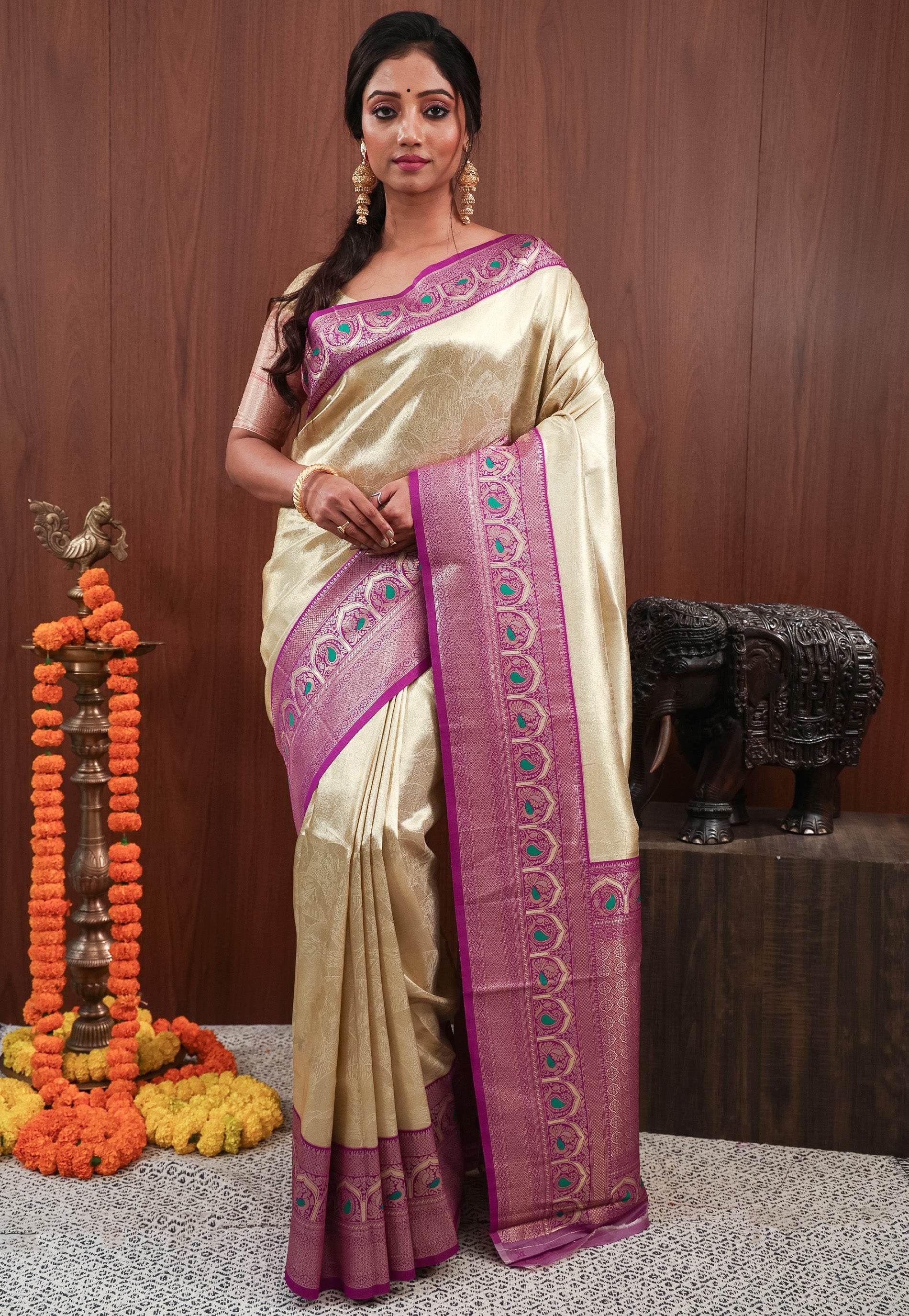 Golden with Magenta Tissue Silk Saree with Blouse Piece - Adi Akshoy & Co.