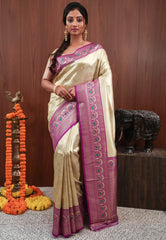 Golden with Magenta Tissue Silk Saree with Blouse Piece - Adi Akshoy & Co.