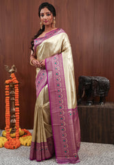Golden with Magenta Tissue Silk Saree with Blouse Piece - Adi Akshoy & Co.