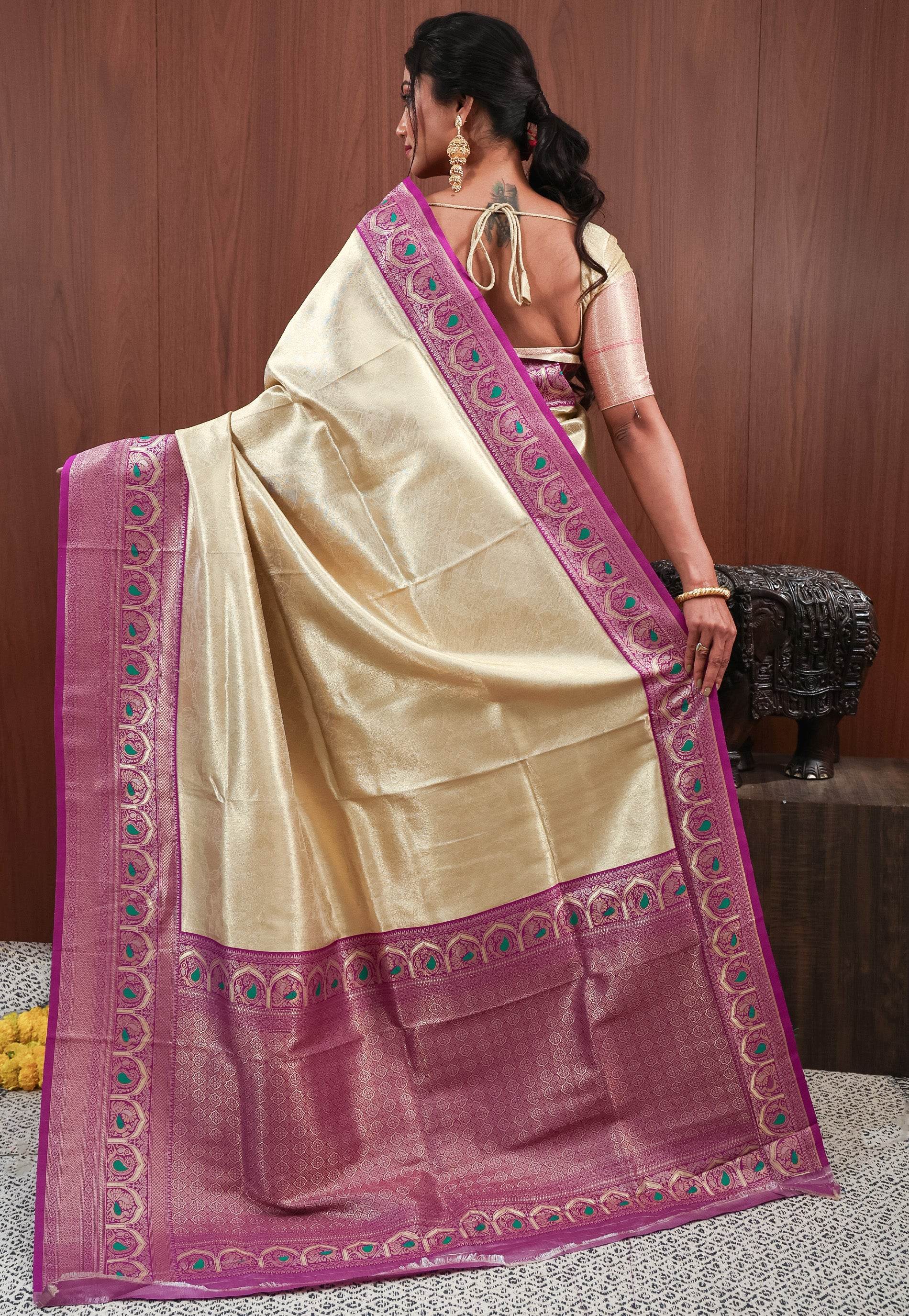 Golden with Magenta Tissue Silk Saree with Blouse Piece - Adi Akshoy & Co.