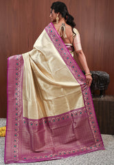 Golden with Magenta Tissue Silk Saree with Blouse Piece - Adi Akshoy & Co.