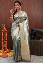 Rama Green Tissue Silk Saree with Blouse Piece - Adi Akshoy & Co.