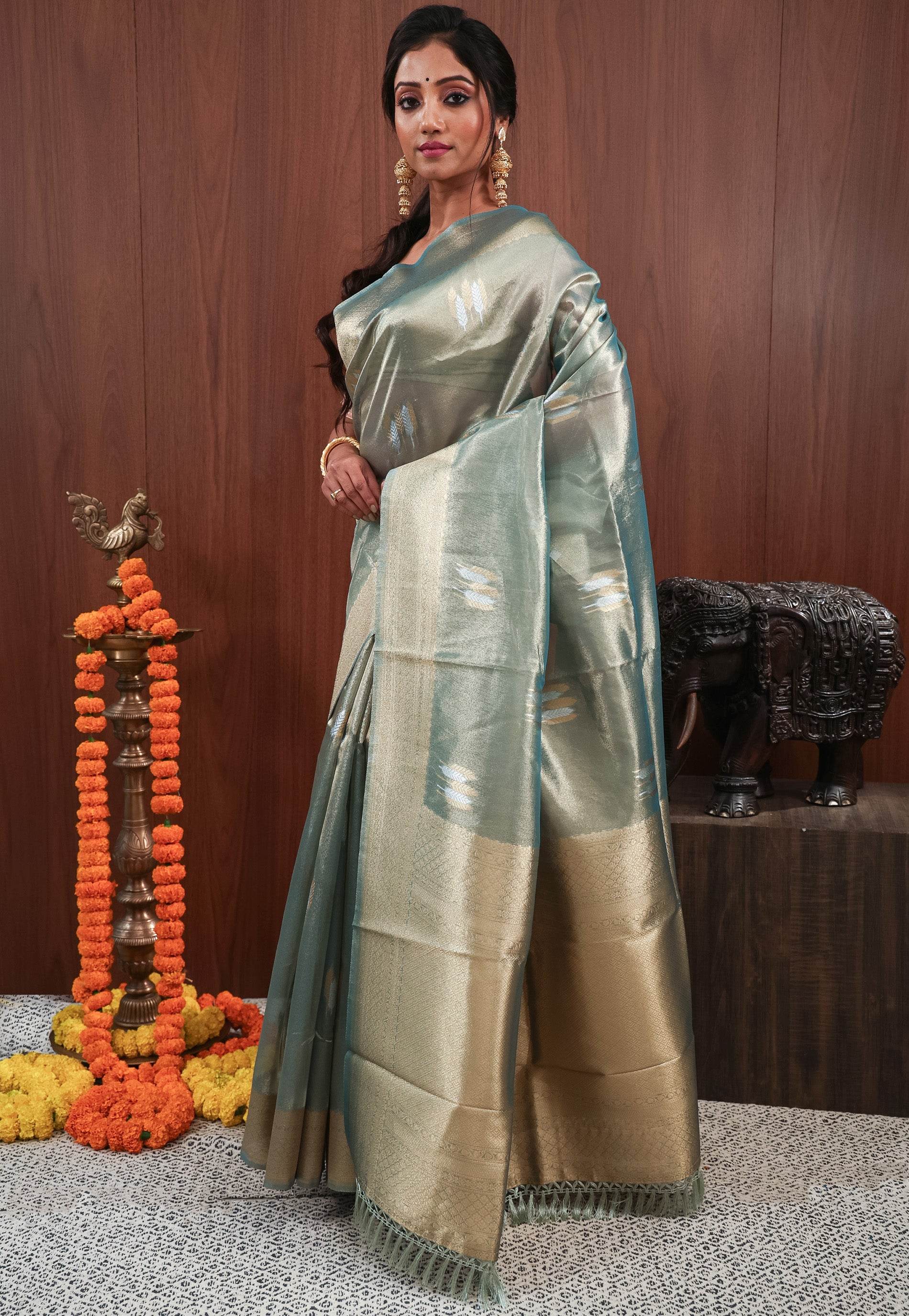 Rama Green Tissue Silk Saree with Blouse Piece - Adi Akshoy & Co.