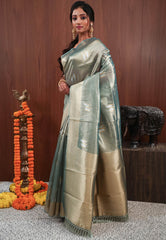 Rama Green Tissue Silk Saree with Blouse Piece - Adi Akshoy & Co.