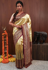 Golden with Purple Border Tissue Silk Saree with Blouse Piece - Adi Akshoy & Co.