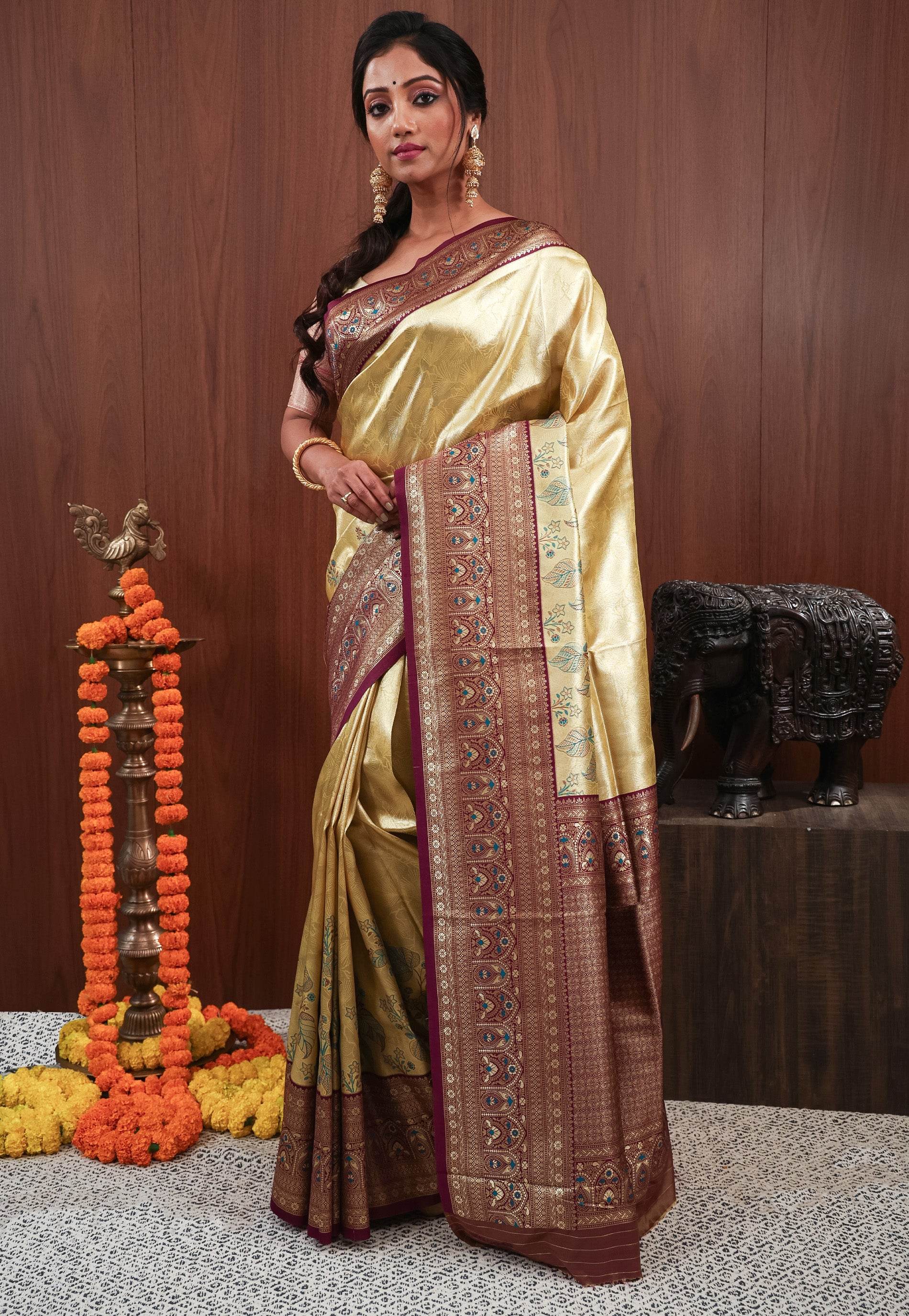 Golden with Purple Border Tissue Silk Saree with Blouse Piece - Adi Akshoy & Co.