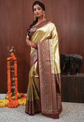 Golden with Purple Border Tissue Silk Saree with Blouse Piece - Adi Akshoy & Co.