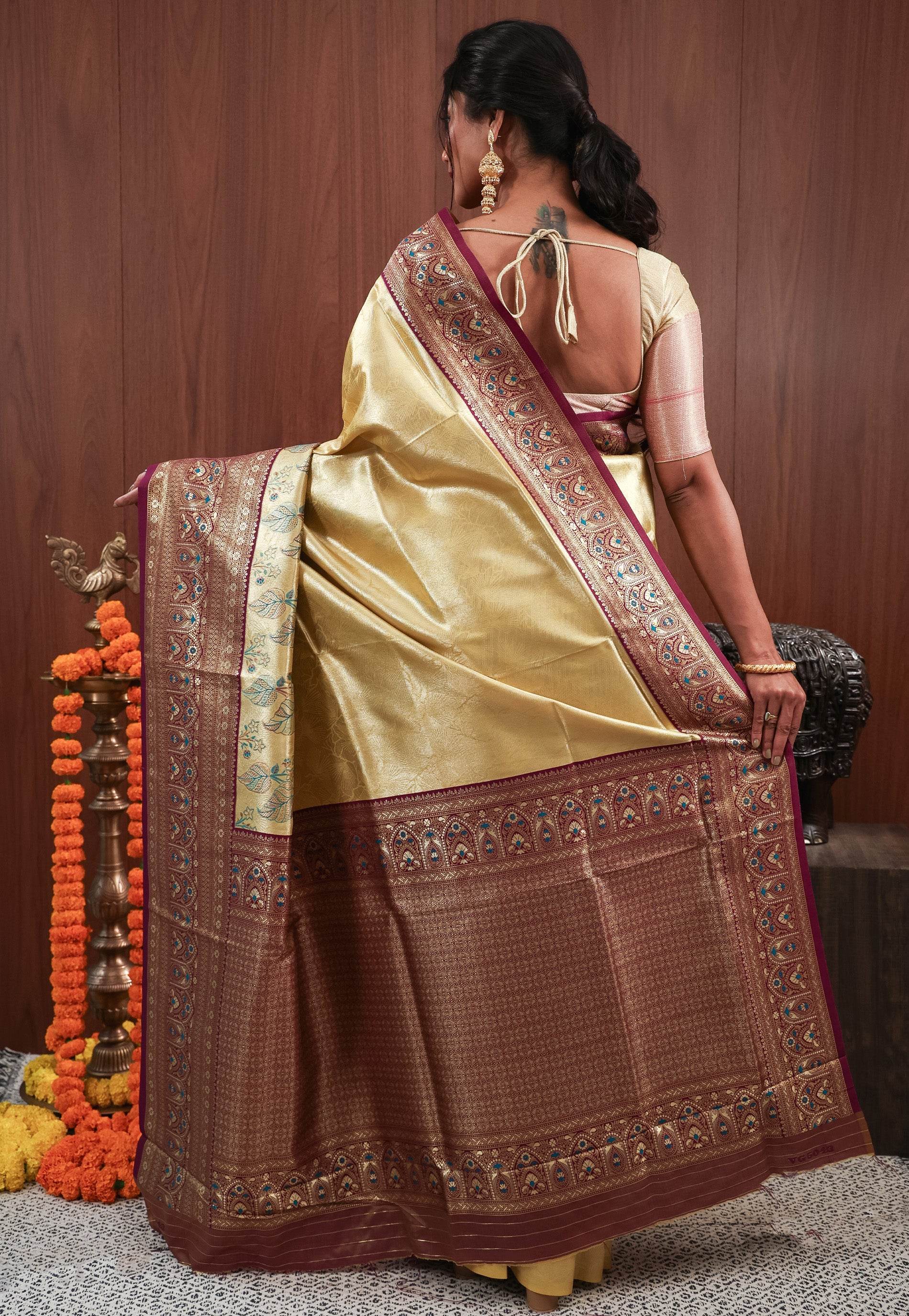 Golden with Purple Border Tissue Silk Saree with Blouse Piece - Adi Akshoy & Co.