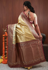 Golden with Purple Border Tissue Silk Saree with Blouse Piece - Adi Akshoy & Co.