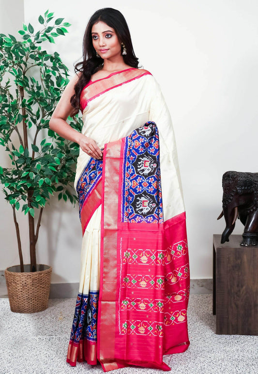 Off White with Patola Rani Pink Border Handloom Ikkat Saree With Blouse Piece - Adi Akshoy & Co.