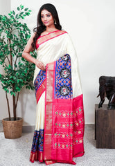 Off White with Patola Rani Pink Border Handloom Ikkat Saree With Blouse Piece - Adi Akshoy & Co.
