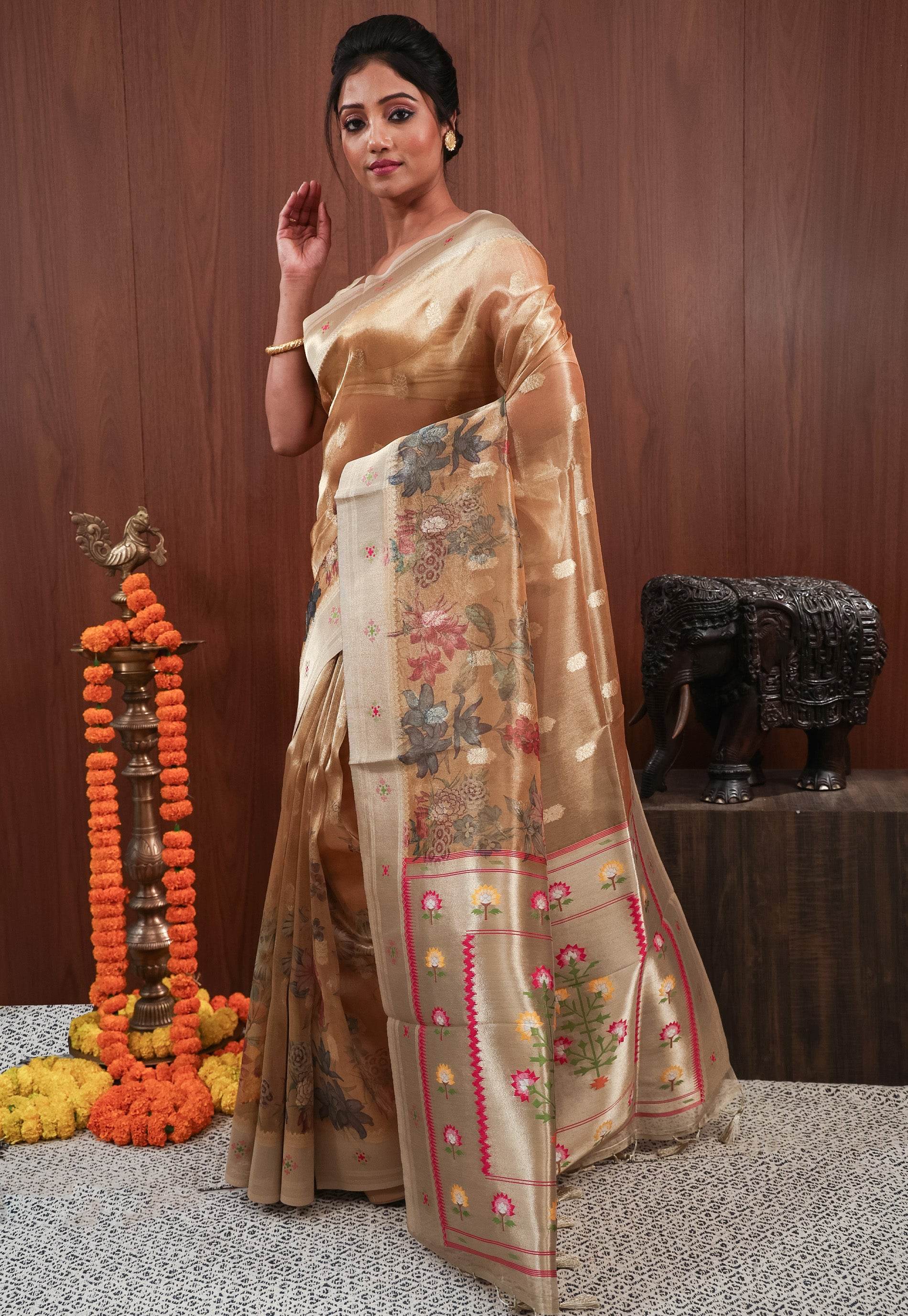 Golden Tissue Silk Saree with Blouse Piece - Adi Akshoy & Co.