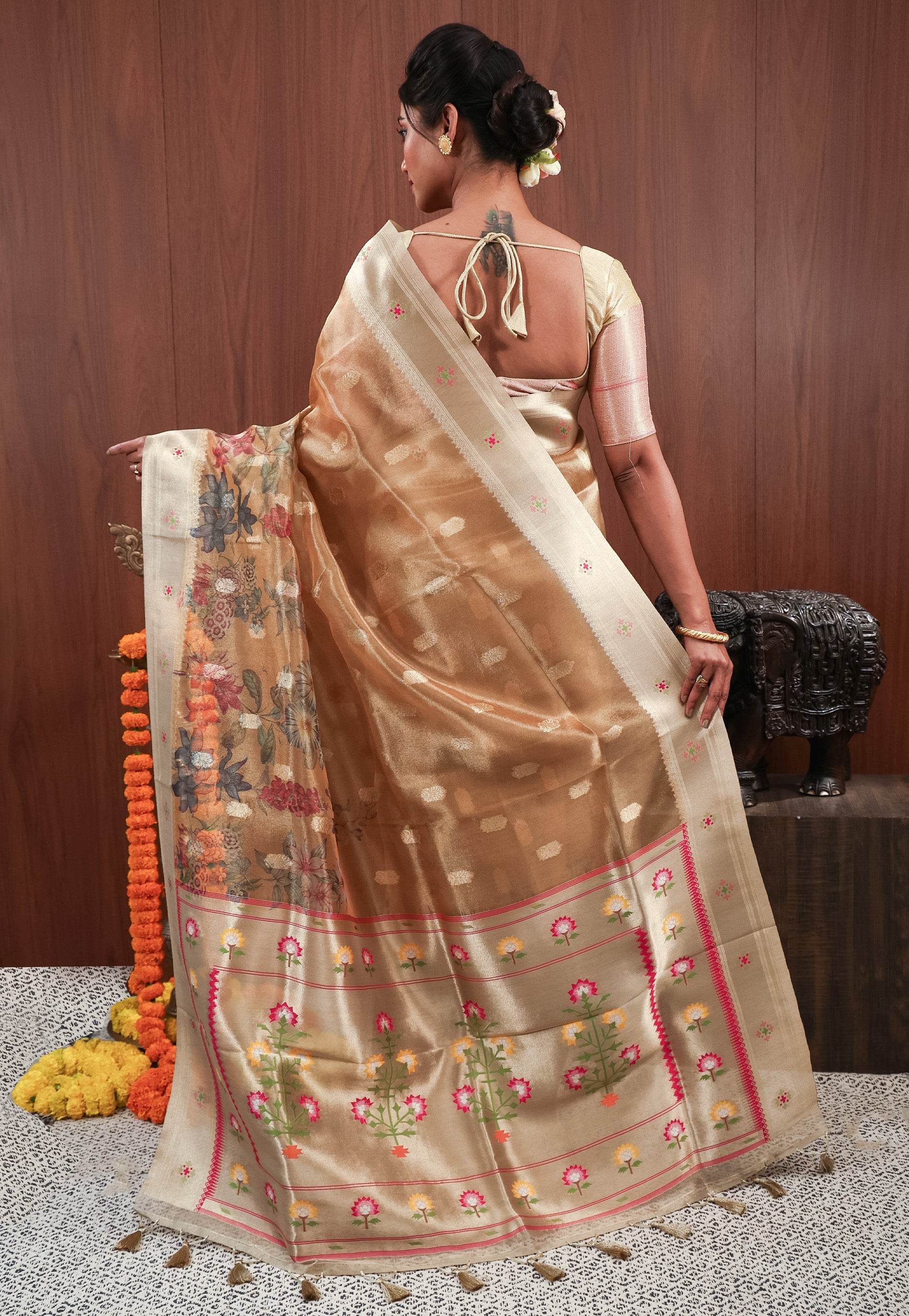 Golden Tissue Silk Saree with Blouse Piece - Adi Akshoy & Co.