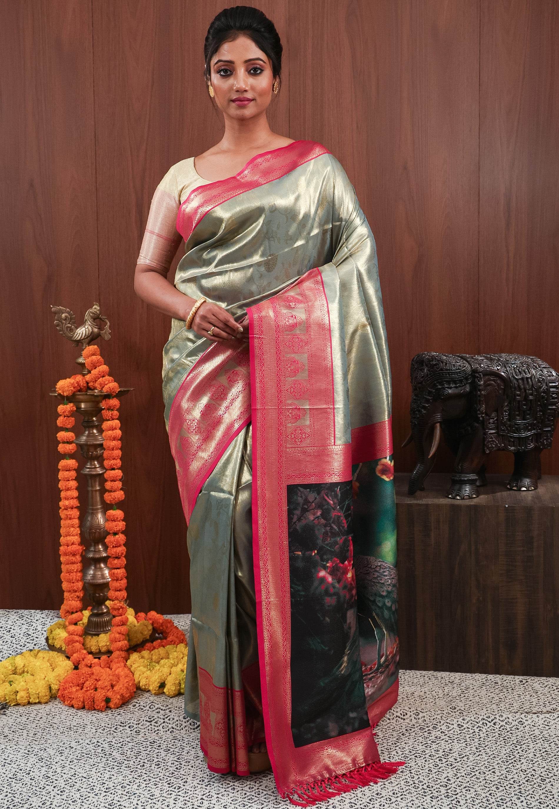 Green with Rani Pink Border Tissue Silk Saree with Blouse Piece - Adi Akshoy & Co.