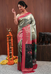 Green with Rani Pink Border Tissue Silk Saree with Blouse Piece - Adi Akshoy & Co.