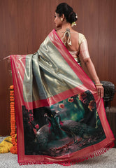 Green with Rani Pink Border Tissue Silk Saree with Blouse Piece - Adi Akshoy & Co.