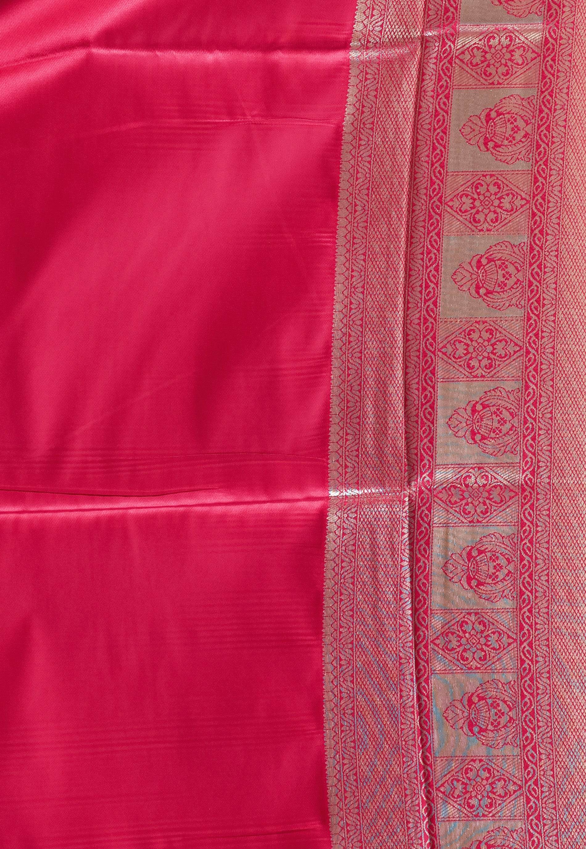 Green with Rani Pink Border Tissue Silk Saree with Blouse Piece - Adi Akshoy & Co.